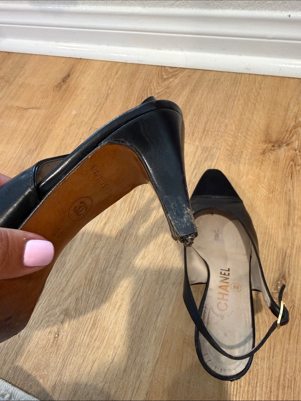 CHANEL Black Leather and Fabric Slingback Pumps - Picture 13 of 15